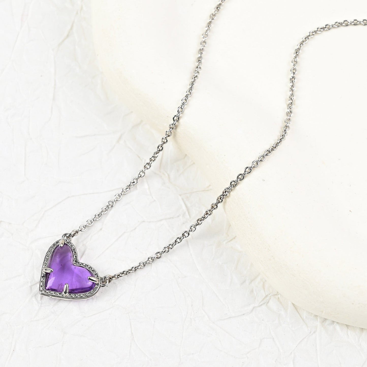Heart pendant necklace with purple enamel heart and silver-tone chain