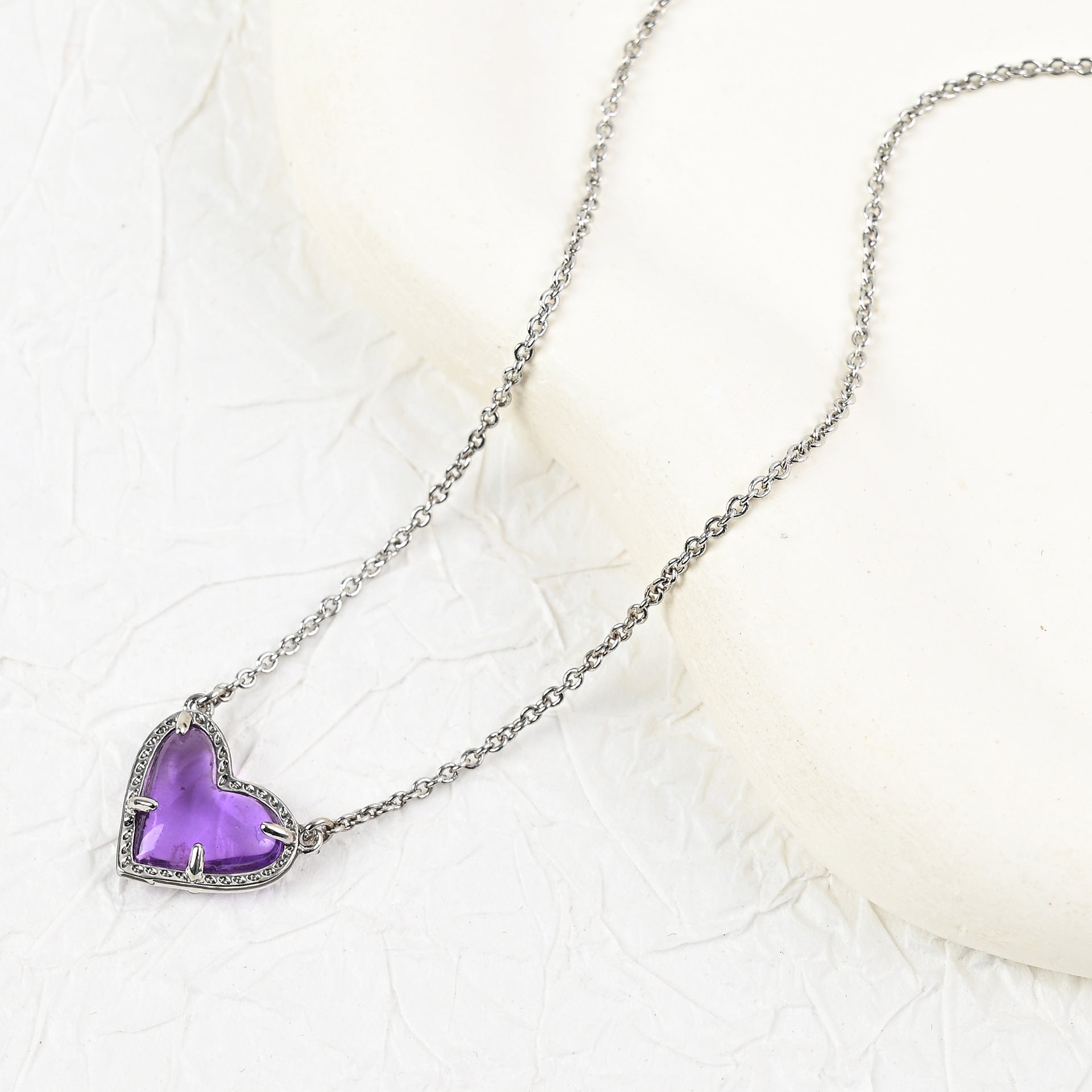 Heart pendant necklace with purple enamel heart and silver-tone chain