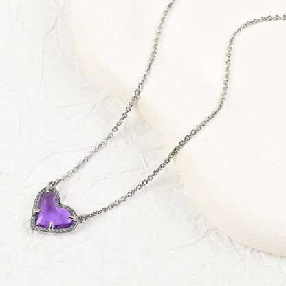 Heart pendant necklace with purple enamel heart and silver-tone chain