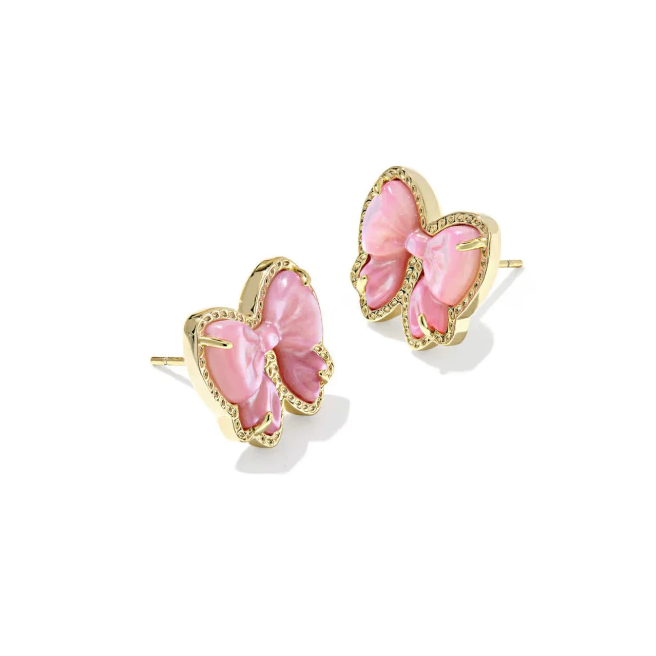 Pink bow stud earrings with gold-tone bezel and small clear accents