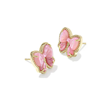 Pink bow stud earrings with gold-tone bezel and small clear accents