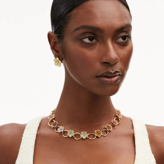Floral pendant necklace on gold chain with multicolor rhinestone clover charms