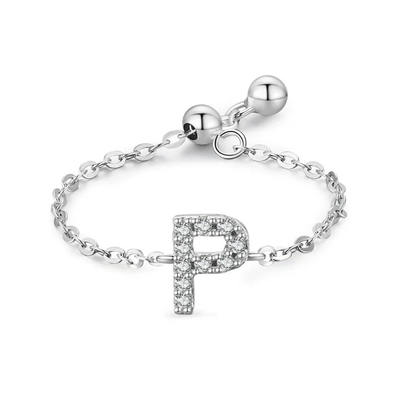 Sterling silver pavé letter P bracelet with link chain and round toggle clasp