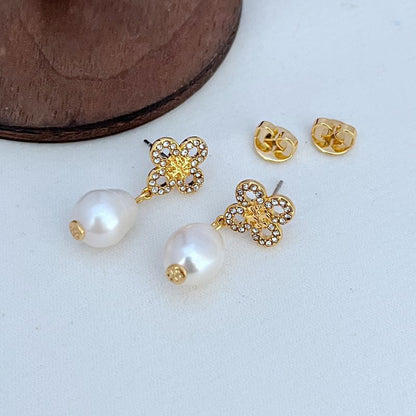 Tory Burch Four-Leaf Clover Diamond Freshwater Pearl Drop Earrings