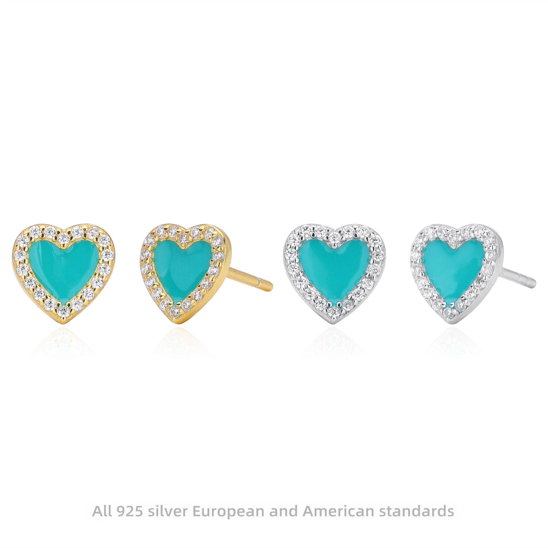 Assorted heart stud earrings in gold and silver tones with turquoise centers and clear stones.