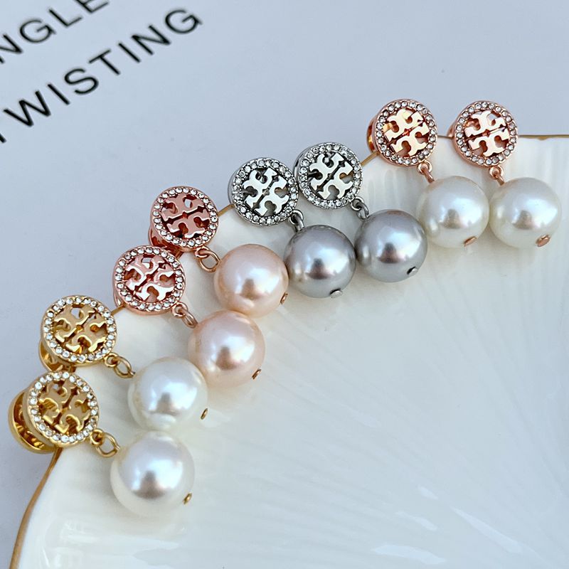 Tory Burch Diamond Round Logo Pearl Pendant Earrings