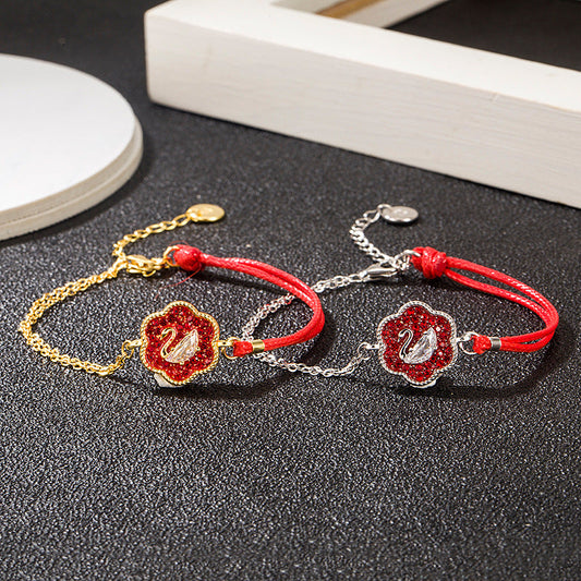 Swarovski S925 Silver Hand-Woven Cord Swan Bracelet