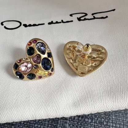 Oscar de la Renta Heart-Shaped Crystal Diamond Stud Earrings