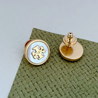 Round stud earrings: light blue inlaid front with gold-tone post back