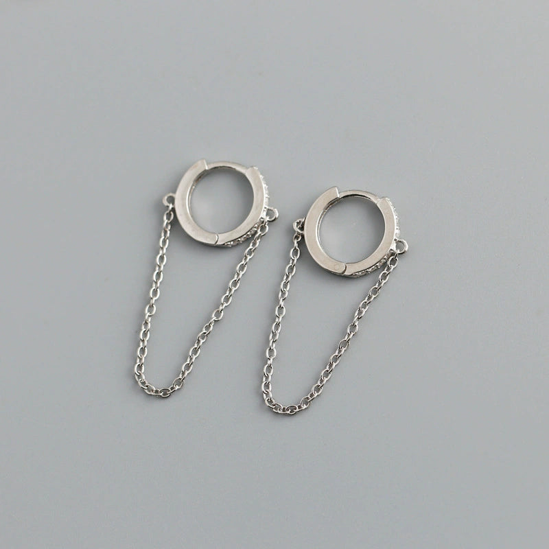 S925 Silver CZ Huggie Hoop Earrings with Chain | JIMMY JEWELRY