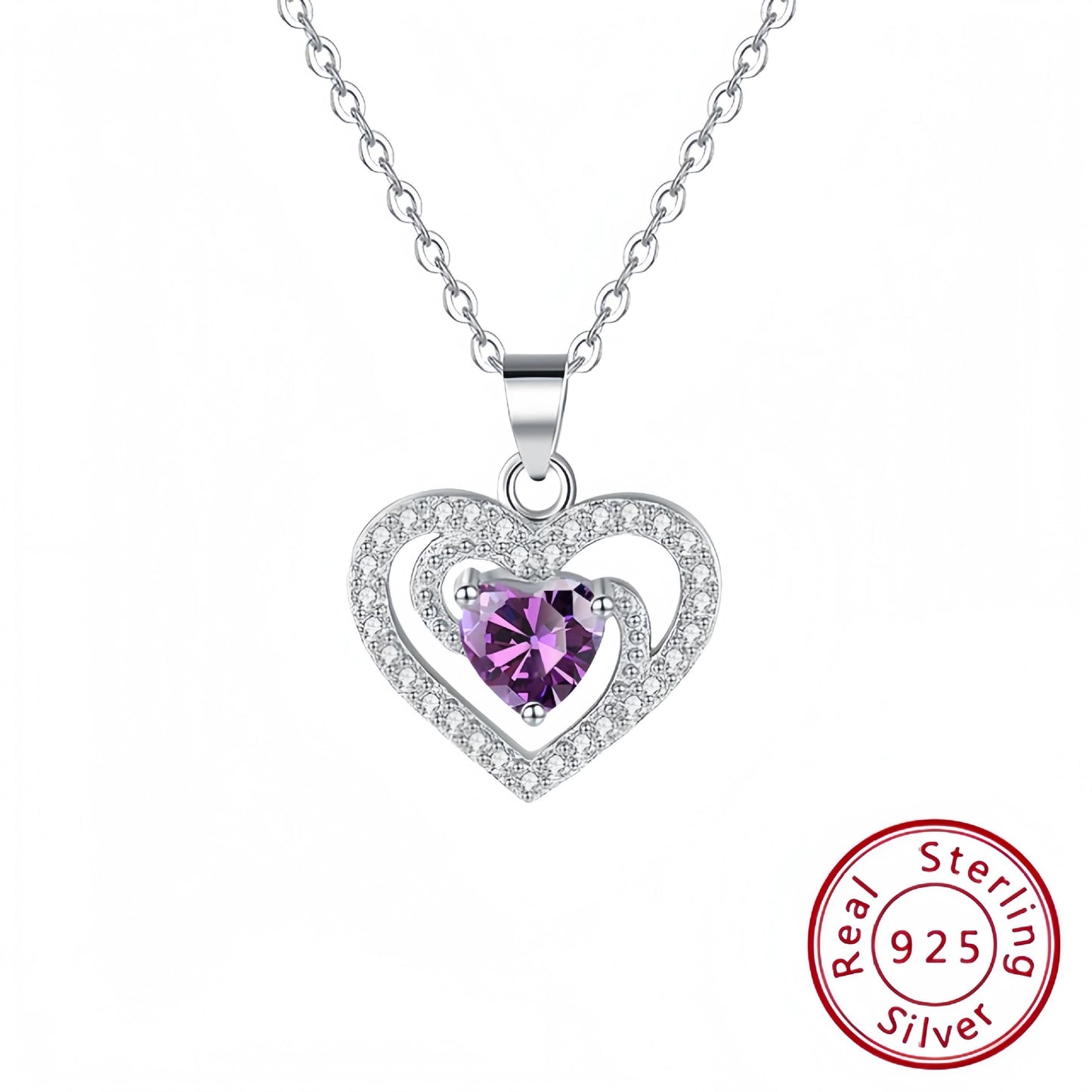 s925 sterling silver heart-shaped purple diamond necklace pendant women