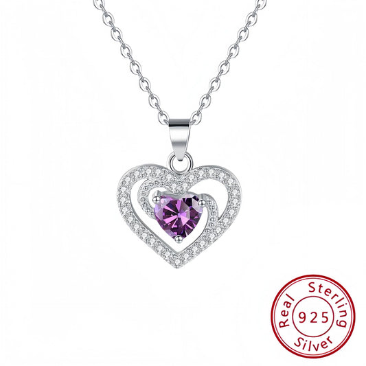 s925 sterling silver heart-shaped purple diamond necklace pendant women