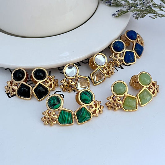 Gold-tone multi-stone stud earrings with blue, white, and green acrylic squares