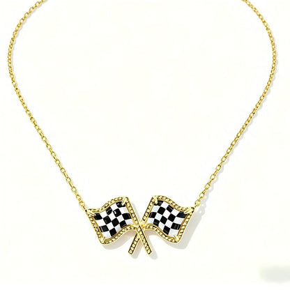 Gold checkered flag bow pendant necklace on a gold chain