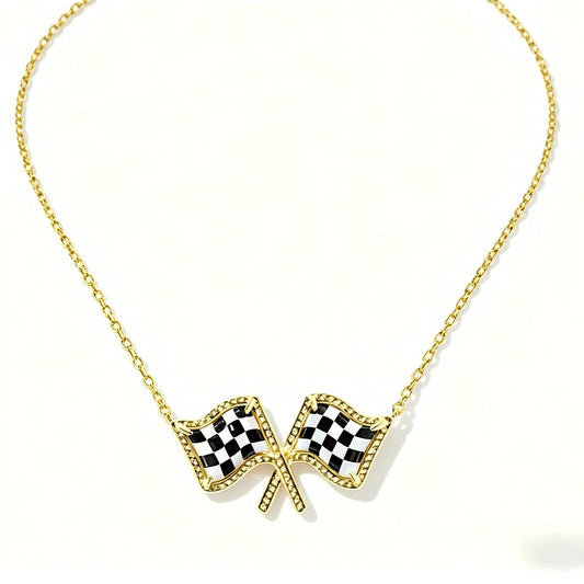 Gold checkered flag bow pendant necklace on a gold chain