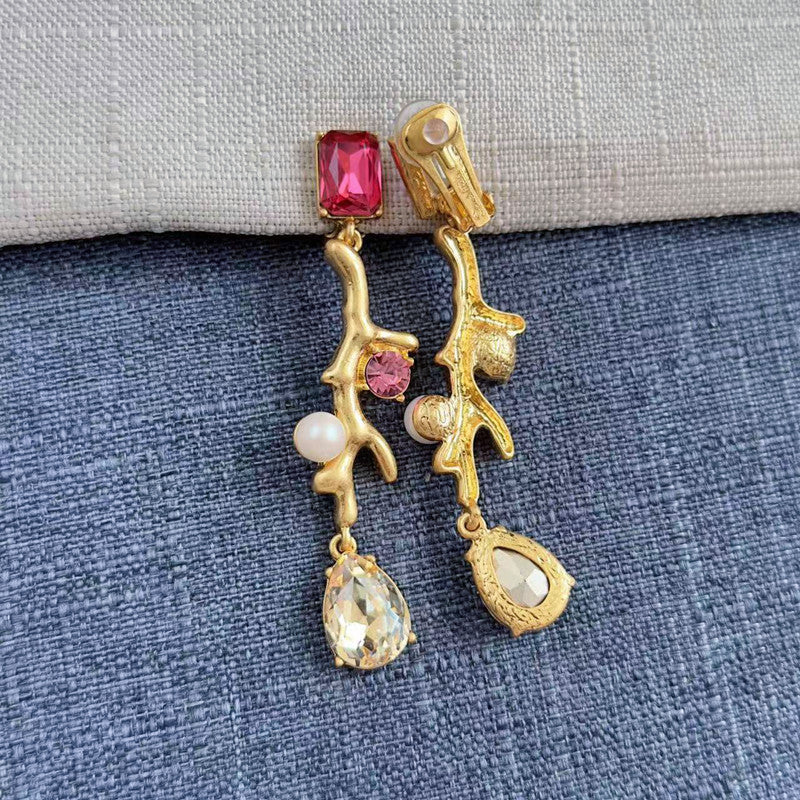 Gold-tone coral branch clip-on earrings with pink stone, pink accents, white pearls, teardrops