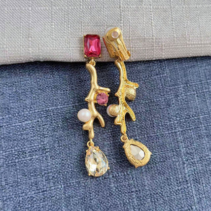 Gold-tone coral branch clip-on earrings with pink stone, pink accents, white pearls, teardrops