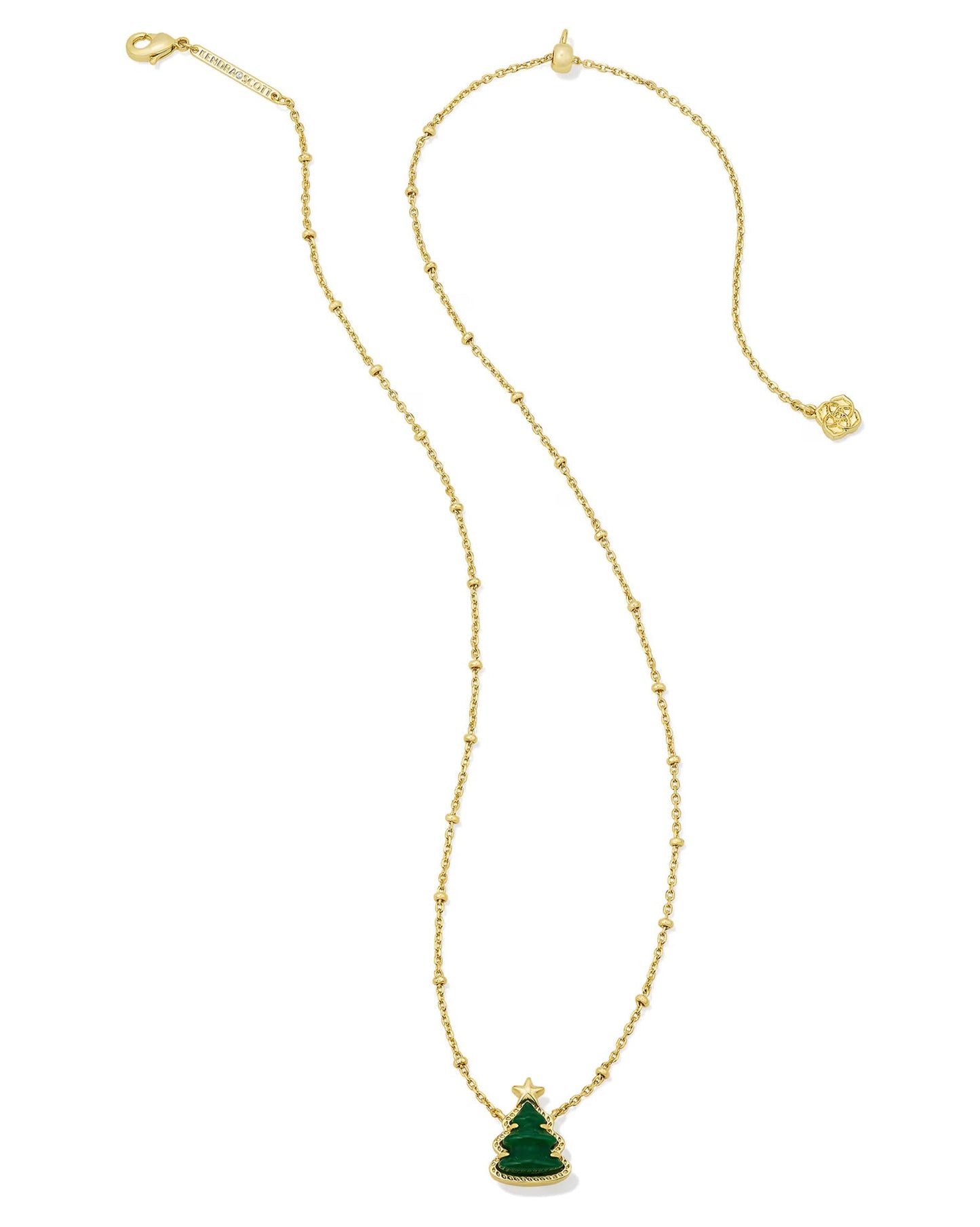Gold-plated necklace with green Christmas tree pendant and star charm on gold chain