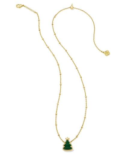 Gold-plated necklace with green Christmas tree pendant and star charm on gold chain