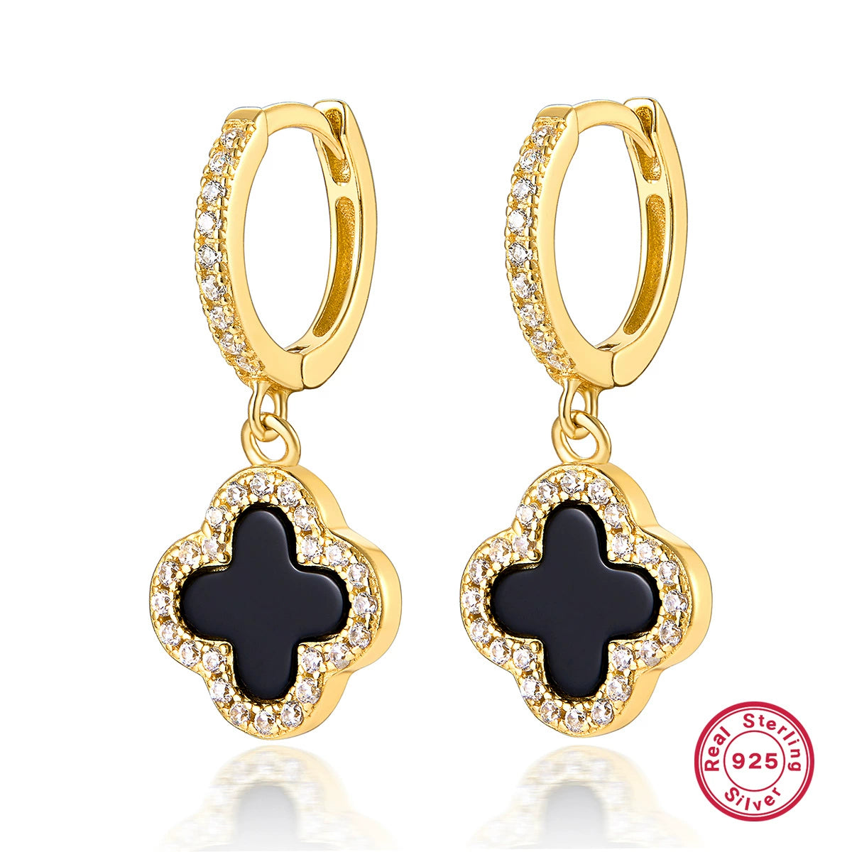 Gold-tone hoop earrings with four-leaf clover charm, black center stone and crystal border