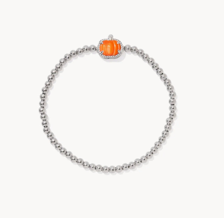 Silver beaded necklace bracelet with orange pumpkin charm and clear accents