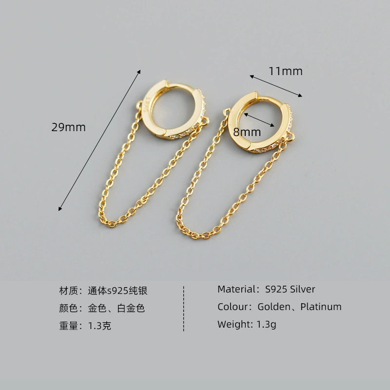 S925 Silver CZ Huggie Hoop Earrings with Chain | JIMMY JEWELRY