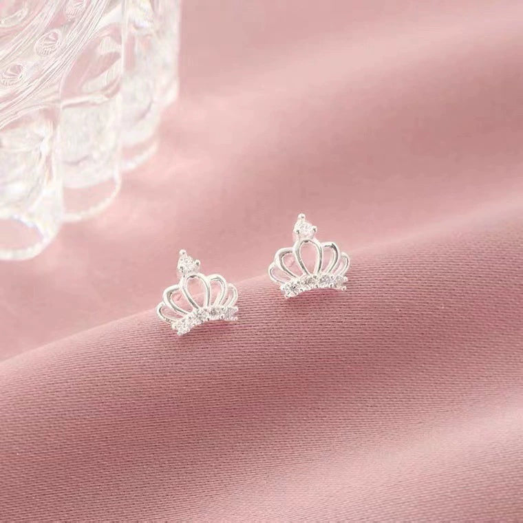 S999 sterling silver diamonds crown stud earrings