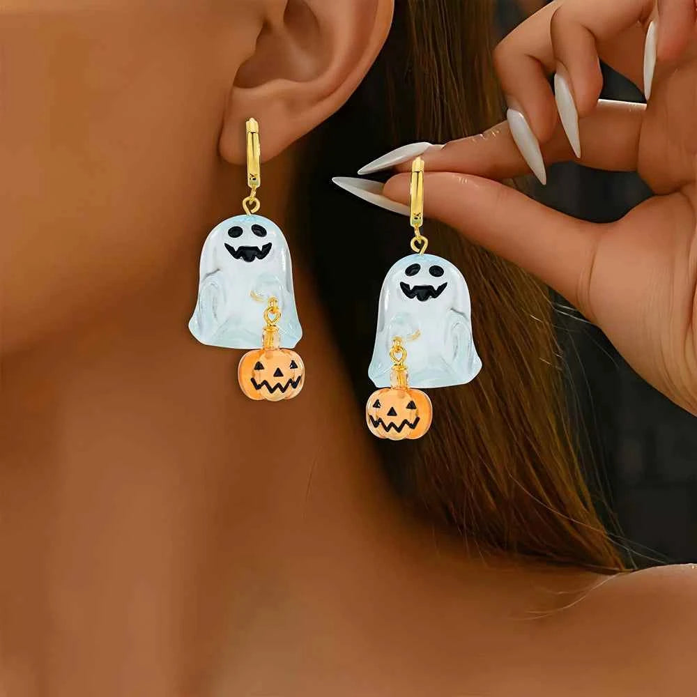 Halloween Hoop Earrings - S925 Sterling Silver with 3D Ghost & Pumpkin Charms