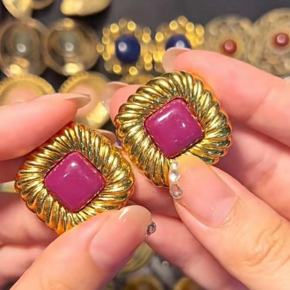 Gold-tone scalloped square-stone clip-on earrings with pink square centers