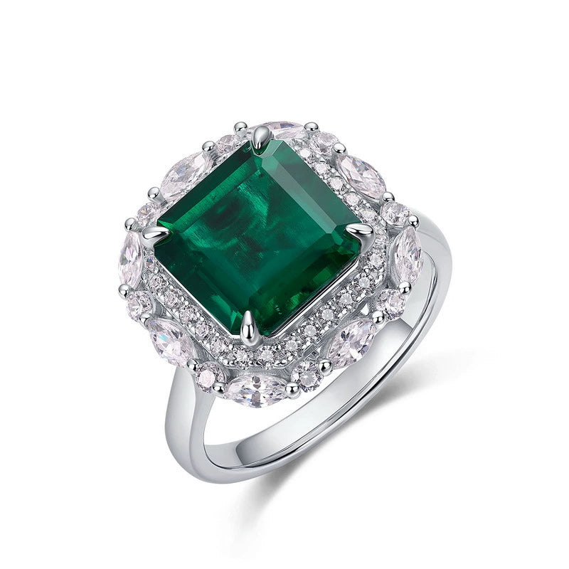 Sterling silver green emerald statement ring with halo of stones