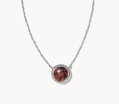 Silver-tone sports pendant necklace with basketball charm, round bezel