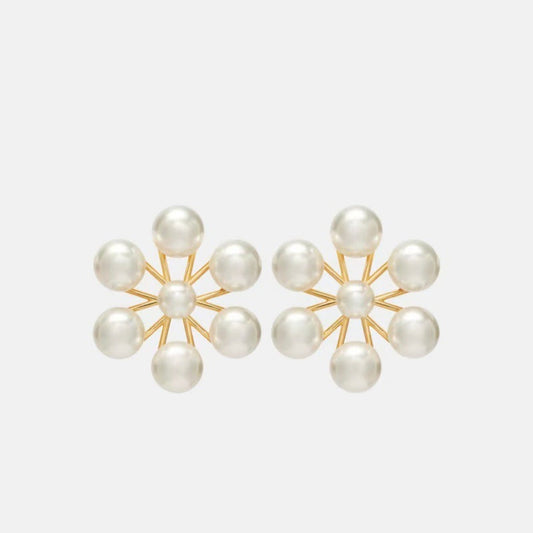 Pearl floral drop earrings with gold-tone starburst frames and multiple round pearls