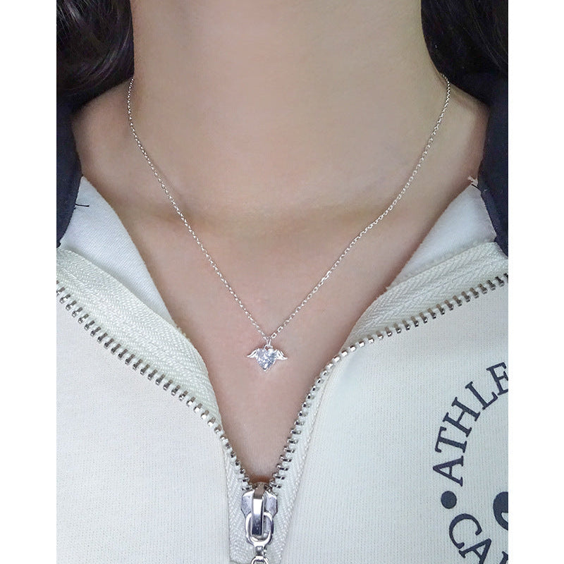 S925 Silver Angel Wing Heart CZ Pendant Necklace