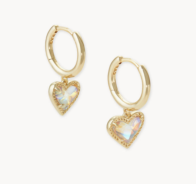 Gold heart pendant hoop earrings with iridescent opal-like heart stone and beaded trim