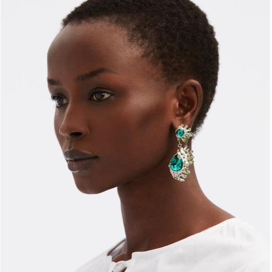 Emerald green cactus crystal dangle earrings with teardrop gemstones and spiked accents