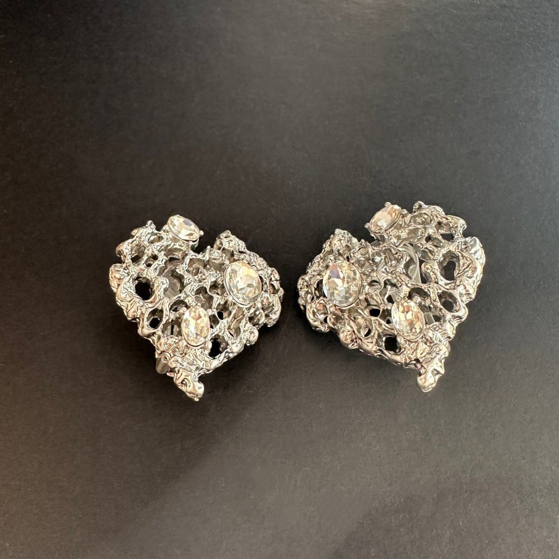 Silver-tone irregular openwork heart earrings with clear round crystal stones