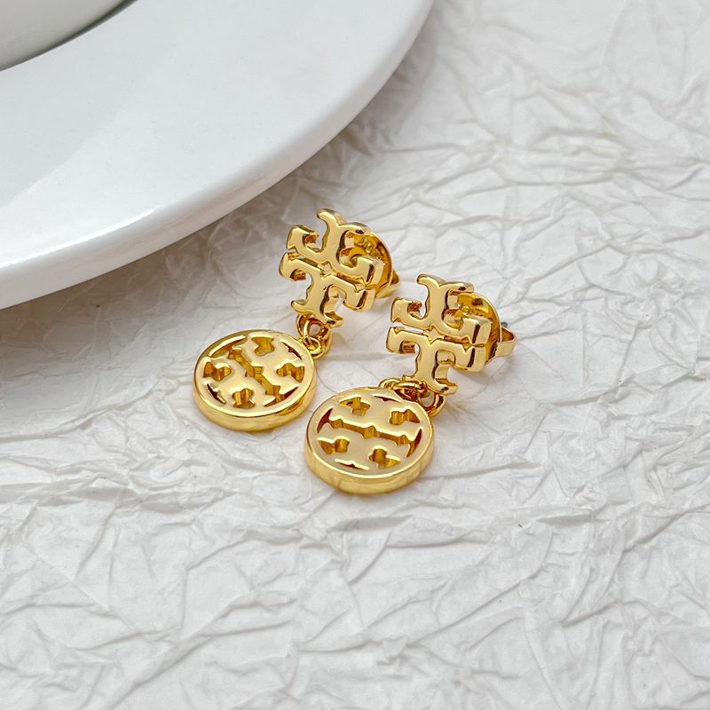 Tory Burch 18K Gold Plated Round Openwork Logo Pendant Earrings