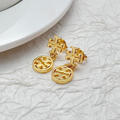 Tory Burch 18K Gold Plated Round Openwork Logo Pendant Earrings