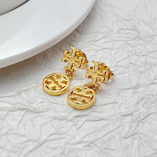 Tory Burch 18K Gold Plated Round Openwork Logo Pendant Earrings