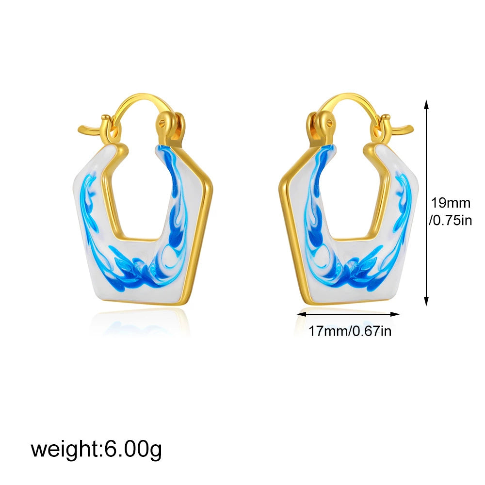 Gold-tone blue marbled teardrop hoop earrings, 19mm