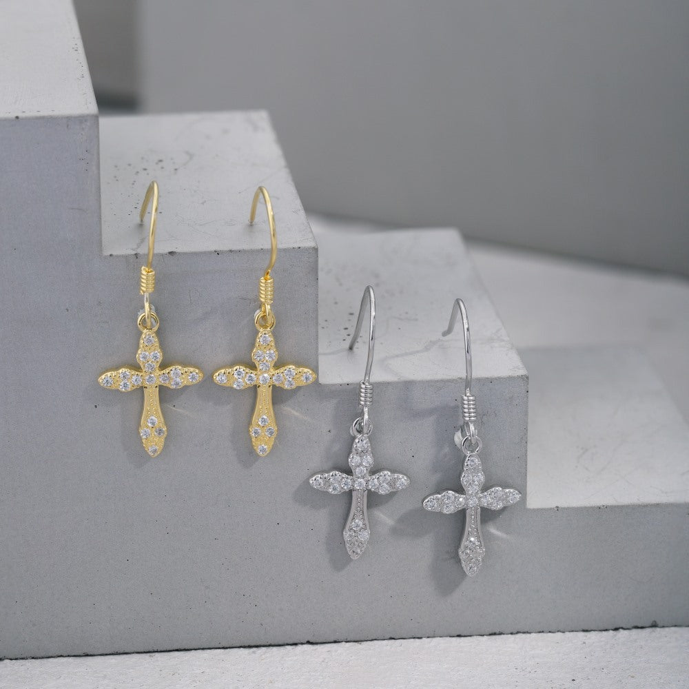 diamond cross hook earrings