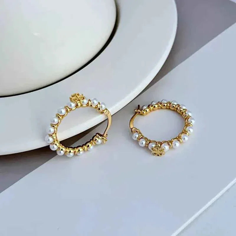 Tory Burch Pearl Logo Metal Earrings - JIMMY JEWELRY 01