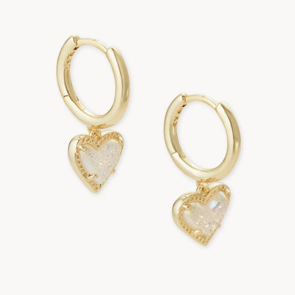 Gold heart pendant hoop earrings with iridescent light stone heart and gold beaded frame