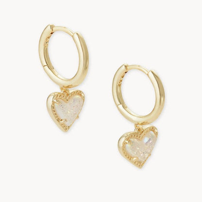 Gold heart pendant hoop earrings with iridescent light stone heart and gold beaded frame