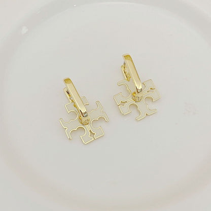 Tory Burch Elegant Floral Logo U-Shaped Metal Earrings