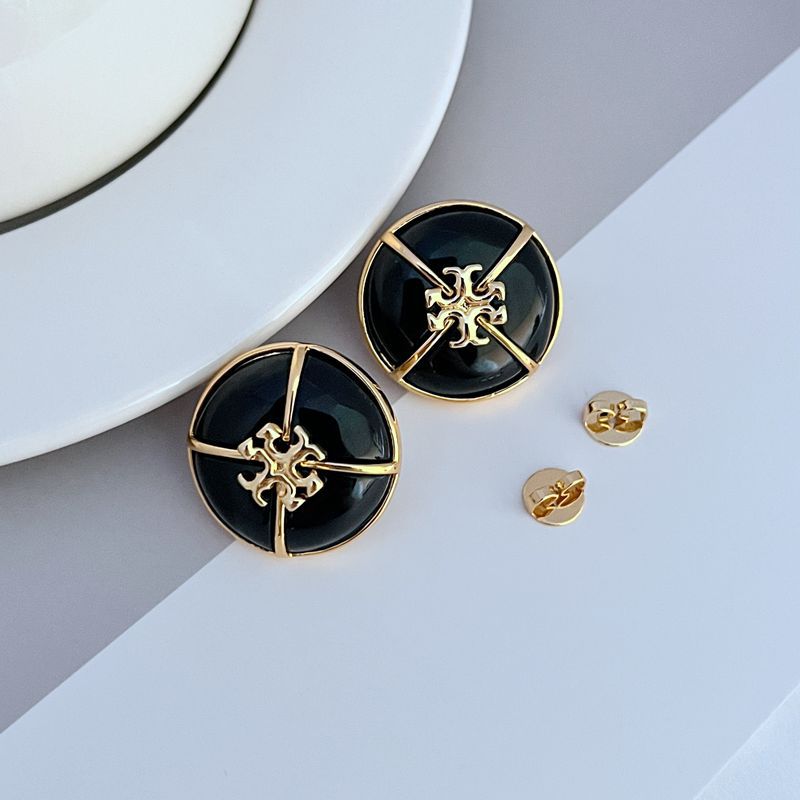 Tory Burch black enamel button stud earrings with gold-tone emblem; includes disc backs