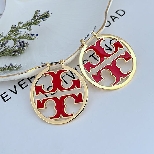 Tory Burch Exquisite Enamel Logo Round Metal Large Earrings