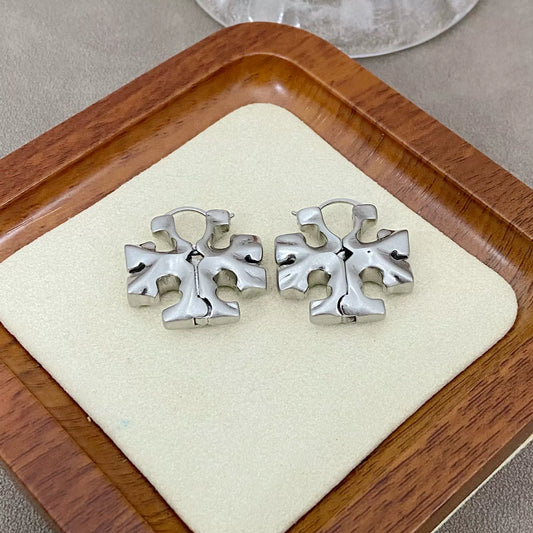 Silver-tone 3D logo metal drop earrings with curved hoop backing