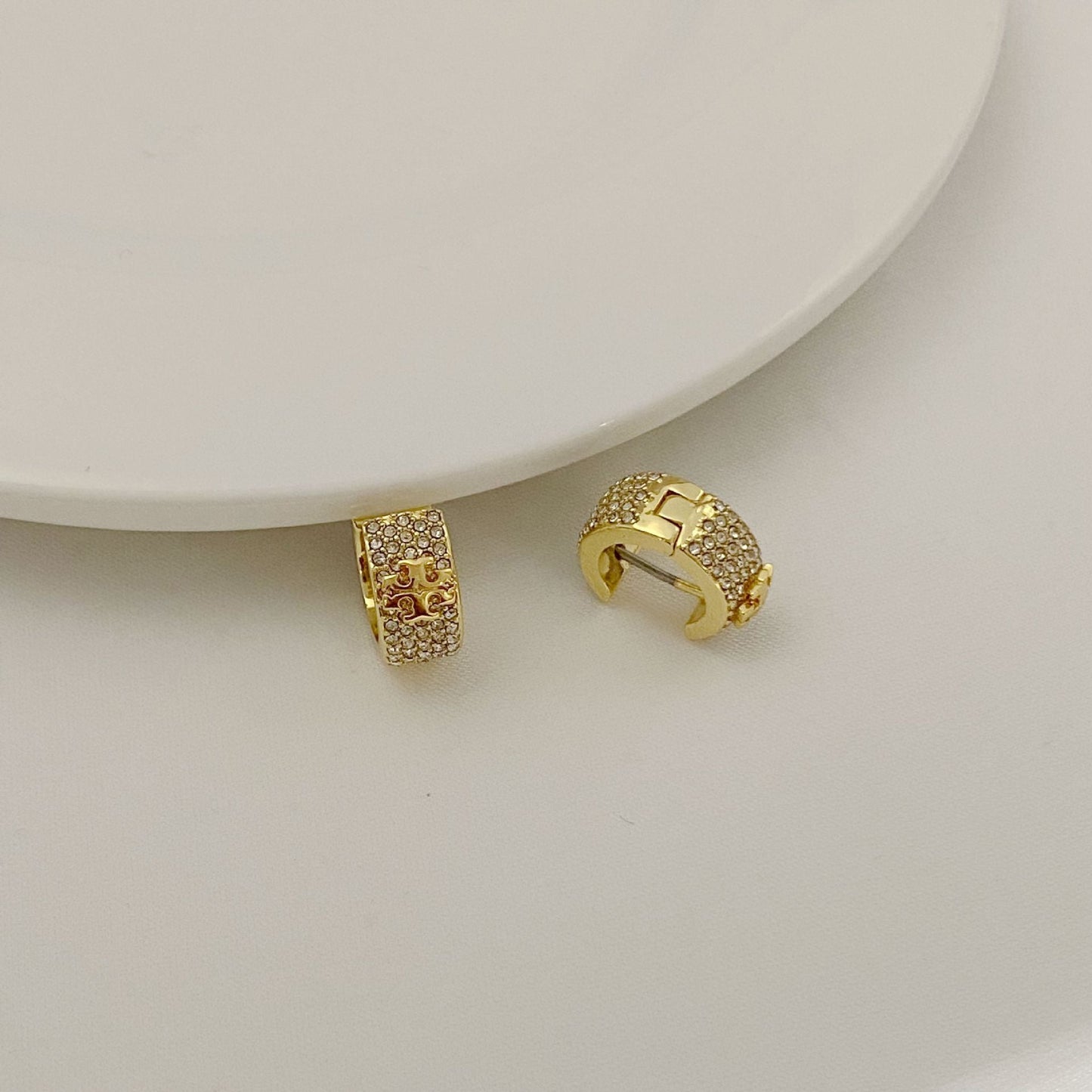 Tory Burch Classic Crystals Tone Logo Earrings