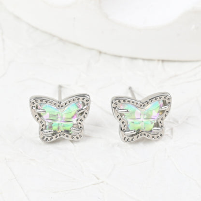 Silver butterfly stud earrings with iridescent multi-color stones, pair